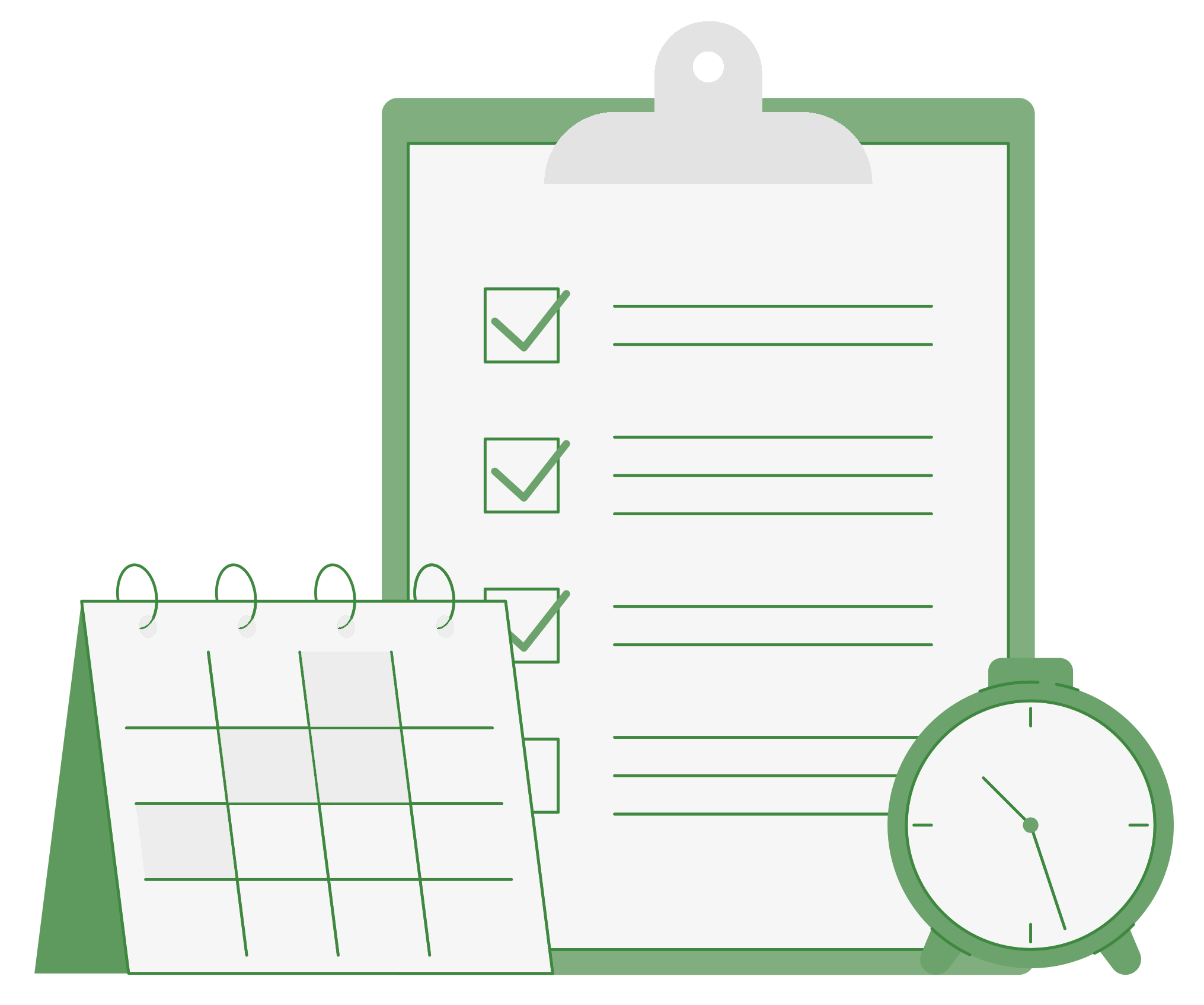 Calendar, clipboard and clock